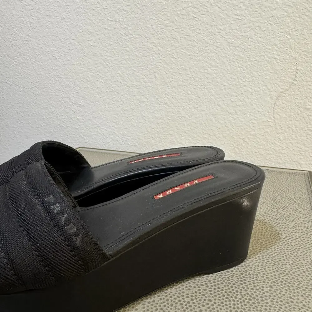 PRADA Logo Black Platform Slide Sandals Size 38.5 Y2K Vintage